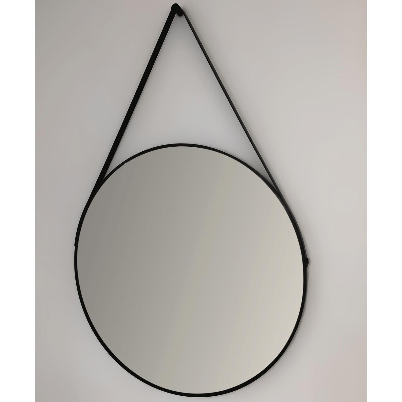 Atlante spejl Ø900 mm, Sort m/sort læderstrop
