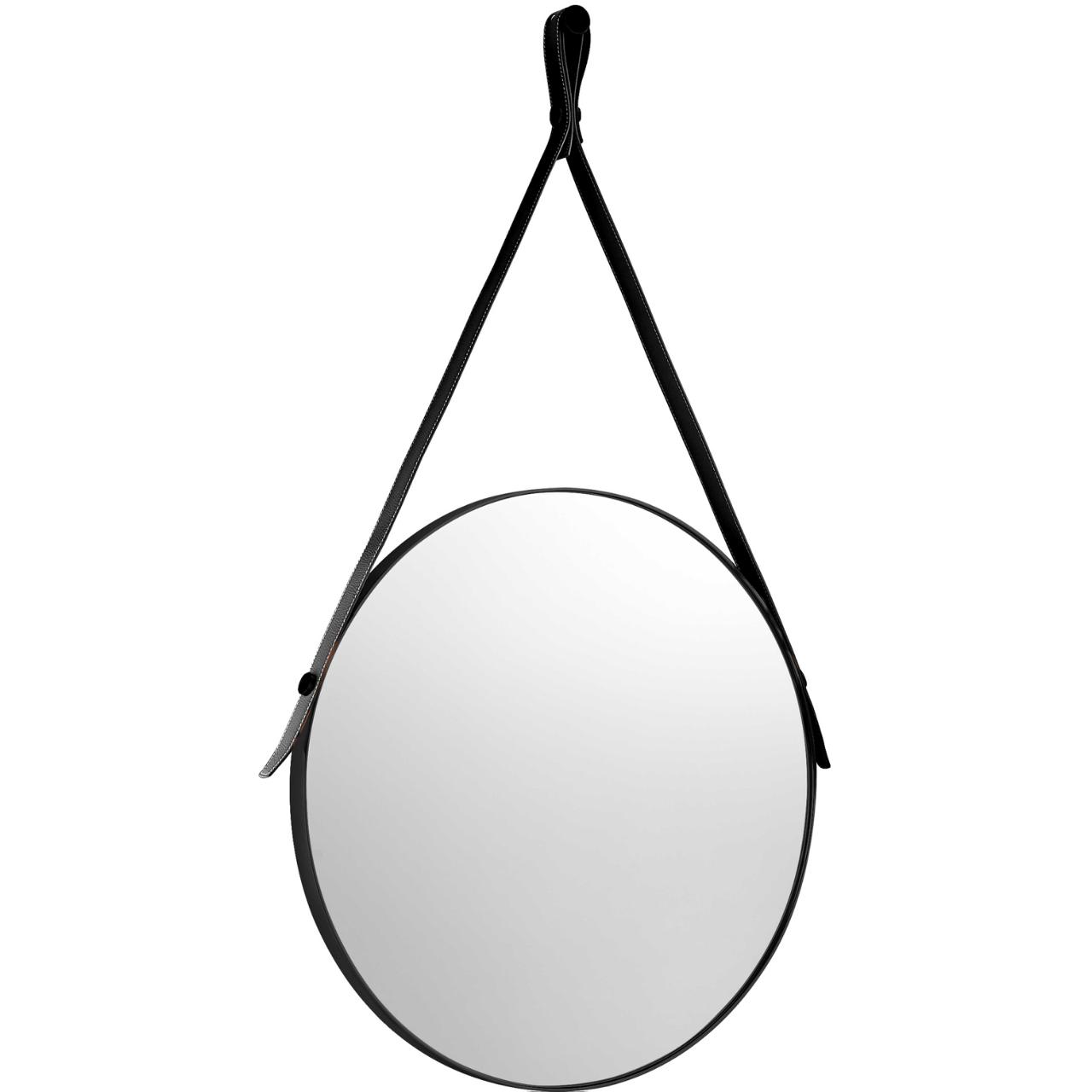 Lavabo spejl Ø500 mm, Matsort m/sort læderstrop